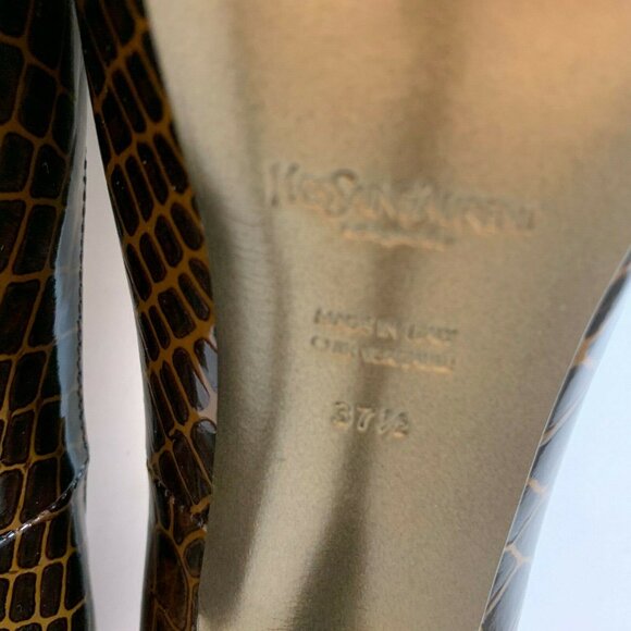 YSL SAINT LAURENT 59519 BROWN PATENT LEATHER CROC EMBOSSED TRIBTOO PUMPS - Picture 7 of 7